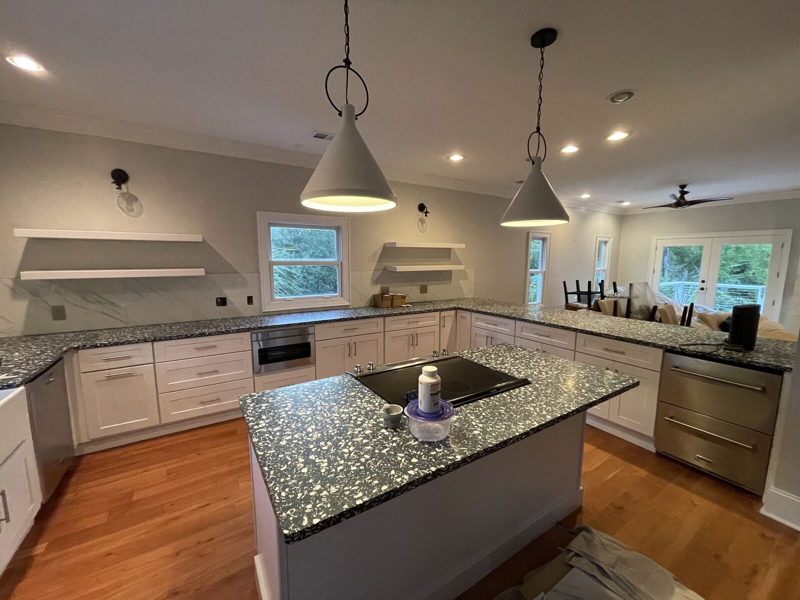 Updated kitchen island with stone countertops